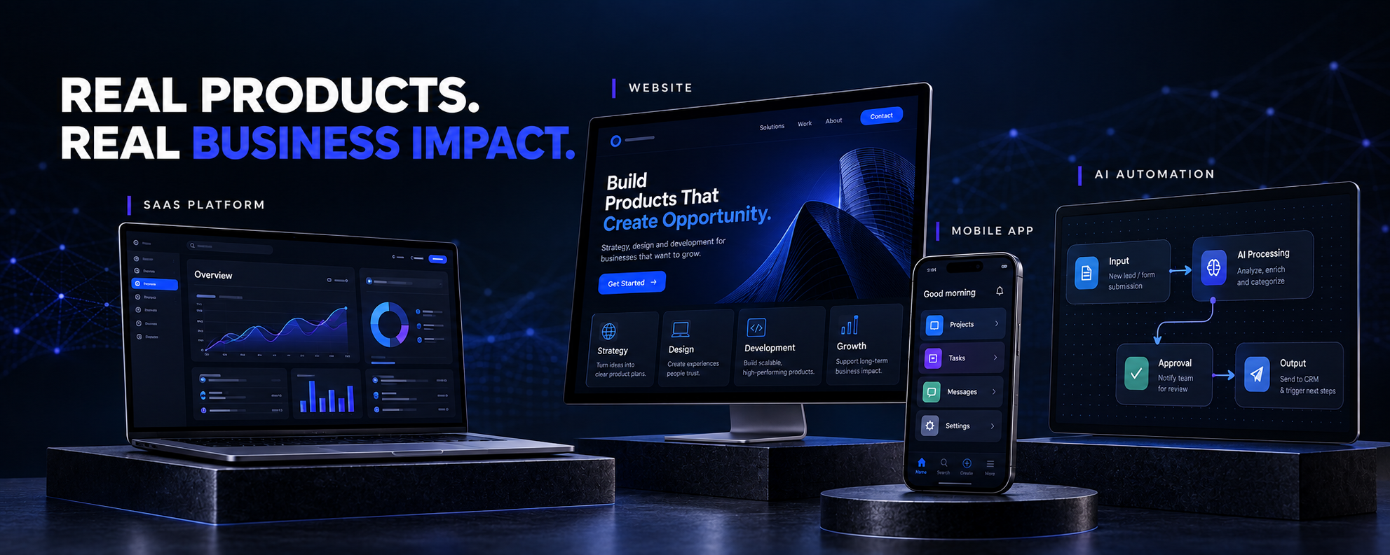 Digital products developed by NeuroSiteAI, including websites, SaaS platforms, mobile apps and AI automation.